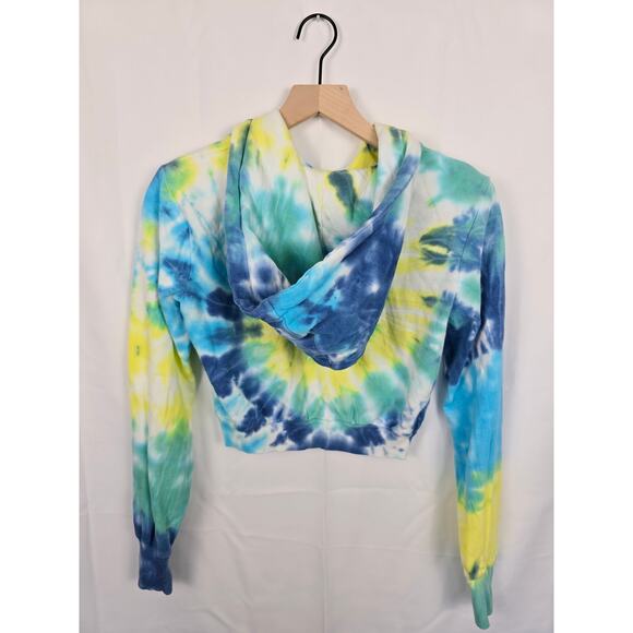 AFRM Cropped Hoodie XS Tie Dye Blue Yellow Cotton Blend Sweatshirt - Picture 2 of 3